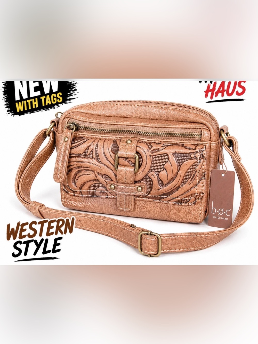 b.o.c. Embossed Tan Western Crossbody Bag